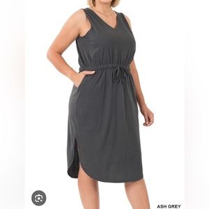 ZENANA Poly Cotton Drawstring Waist Curved Hem Dress Dark Olive Size Medium